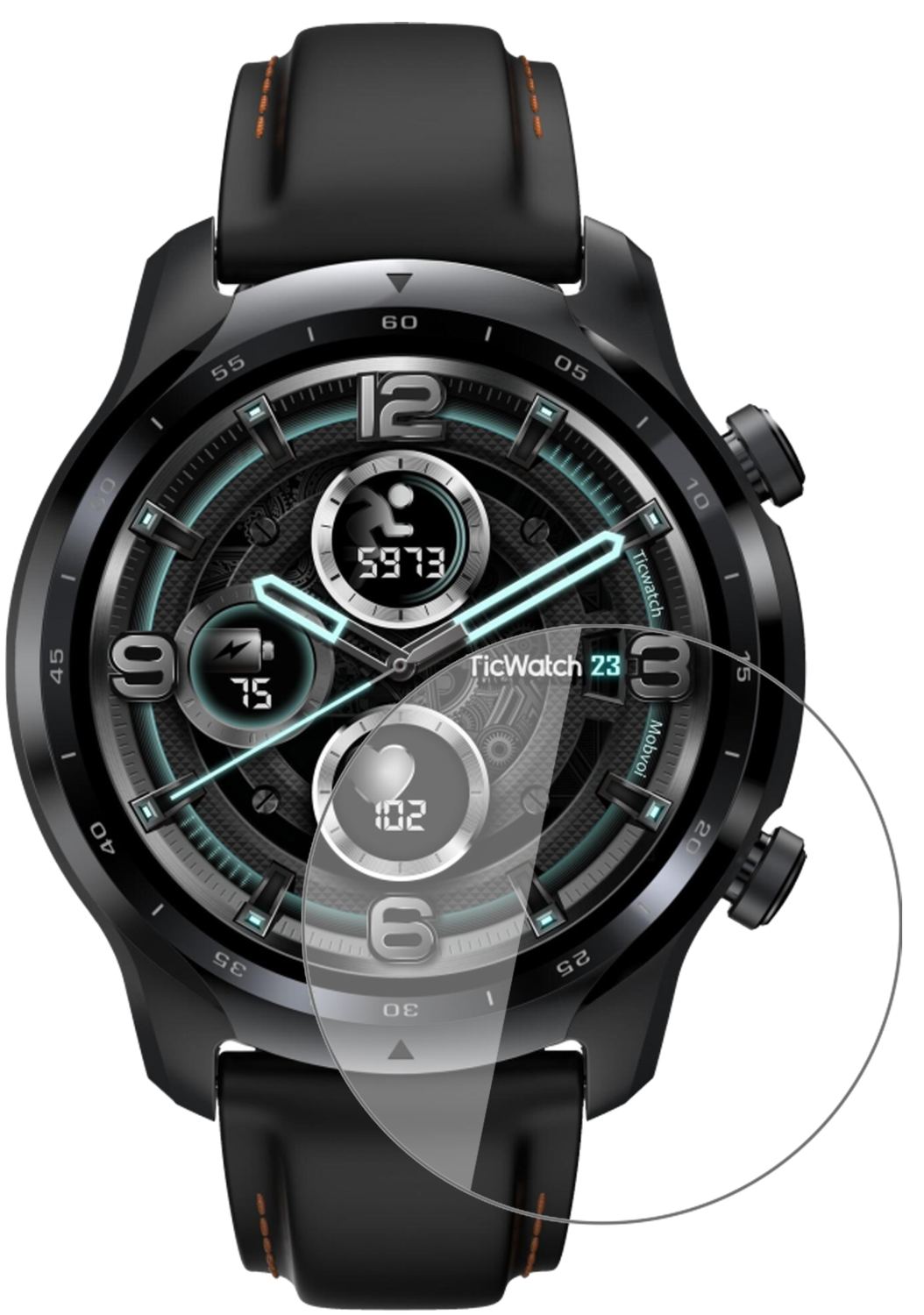 TicWatchPro 3 GPS mit aufgebrachter dipos Flex Schutzfolie, glasklare Darstellung ohne Einschränkungen