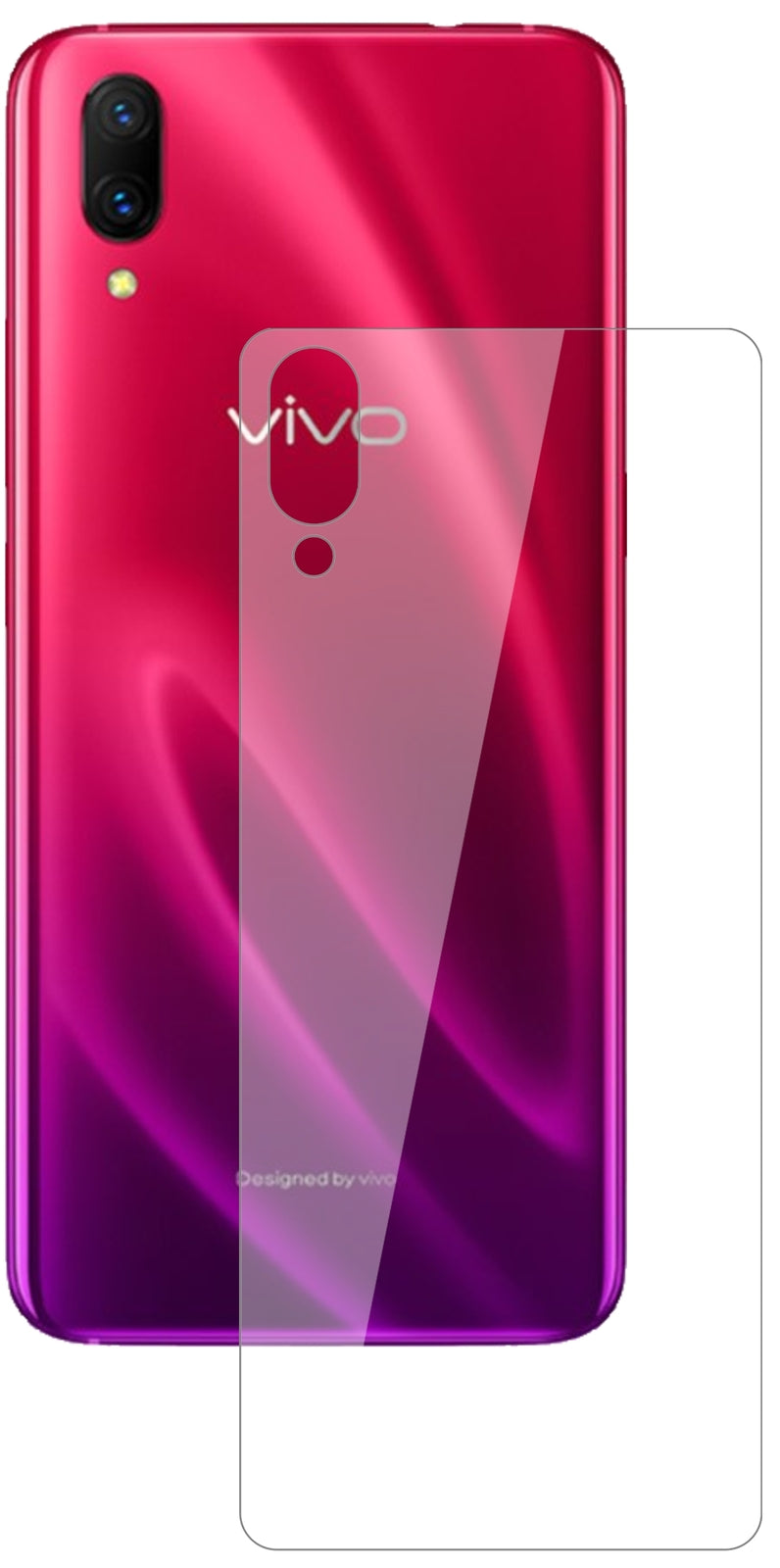 VivoX23 Symphony Rückseite mit aufgebrachter dipos Flex Schutzfolie, glasklare Darstellung ohne Einschränkungen