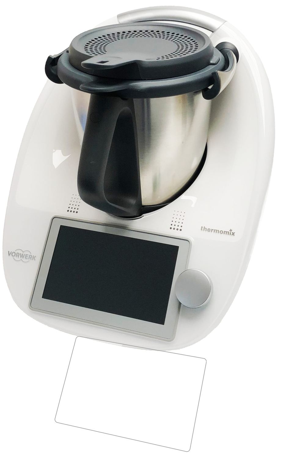 VorwerkThermomix TM6 mit aufgebrachter dipos Flex Schutzfolie, glasklare Darstellung ohne Einschränkungen