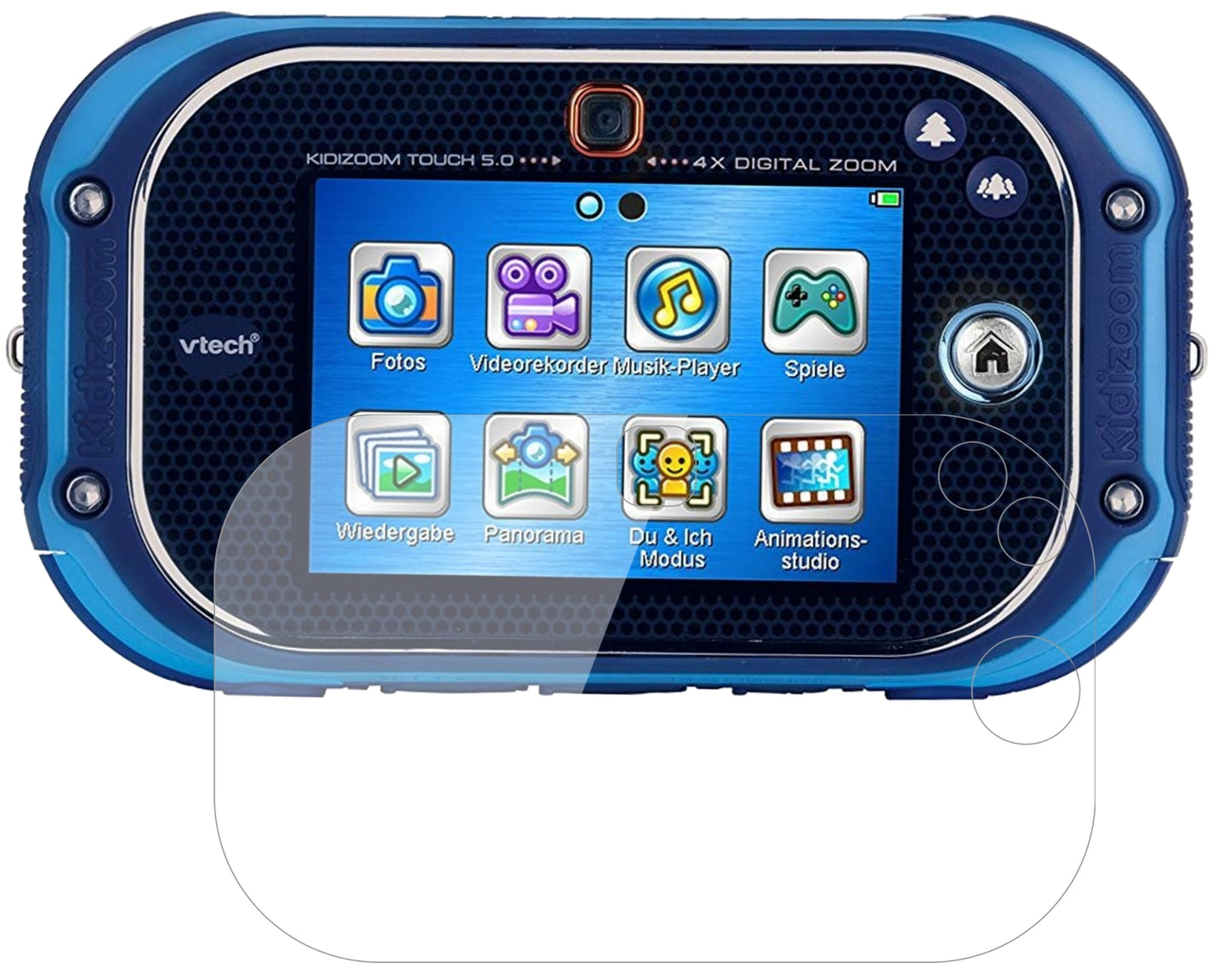 VtechKidizoom Touch 5.0 mit aufgebrachter dipos Flex Schutzfolie, glasklare Darstellung ohne Einschränkungen