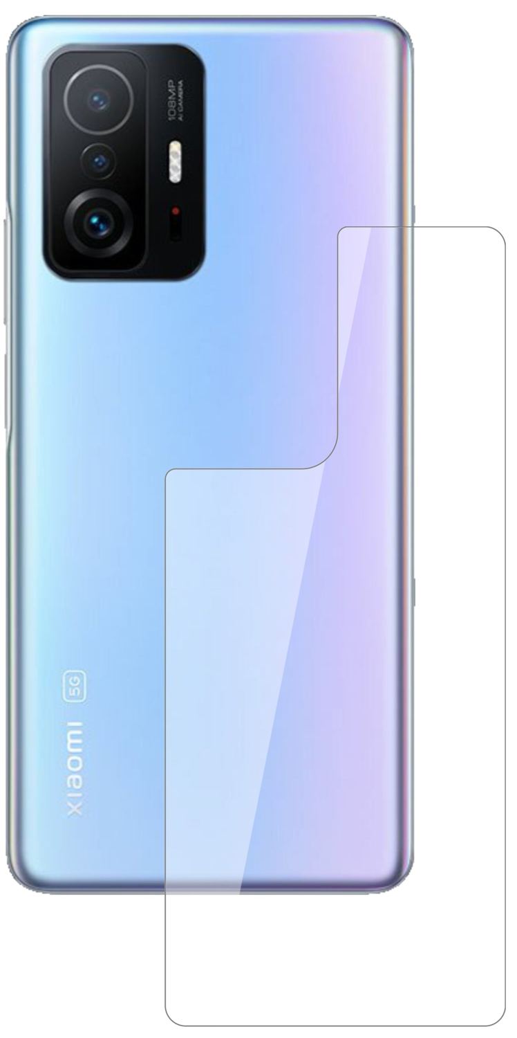 Xiaomi11T Rückseite mit aufgebrachter dipos Flex Schutzfolie, glasklare Darstellung ohne Einschränkungen