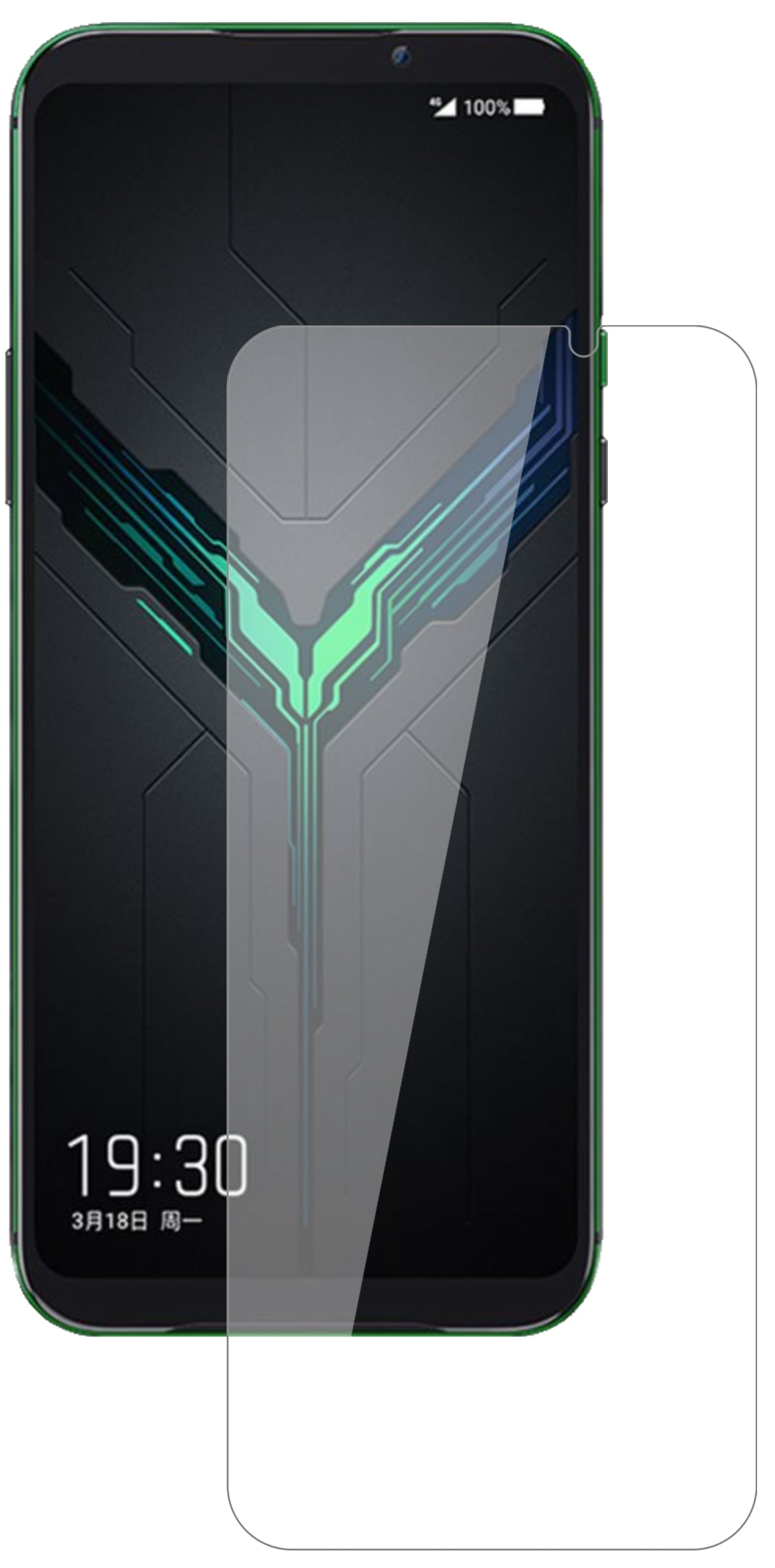 XiaomiBlack Shark 2 mit aufgebrachter dipos Flex Schutzfolie, glasklare Darstellung ohne Einschränkungen