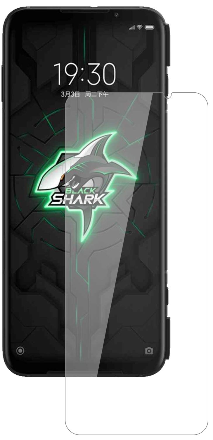 XiaomiBlack Shark 3 mit aufgebrachter dipos Flex Schutzfolie, glasklare Darstellung ohne Einschränkungen