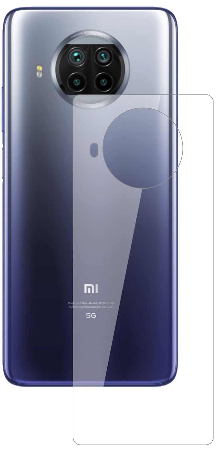XiaomiMi 10T Lite Rückseite mit aufgebrachter dipos Flex Schutzfolie, glasklare Darstellung ohne Einschränkungen