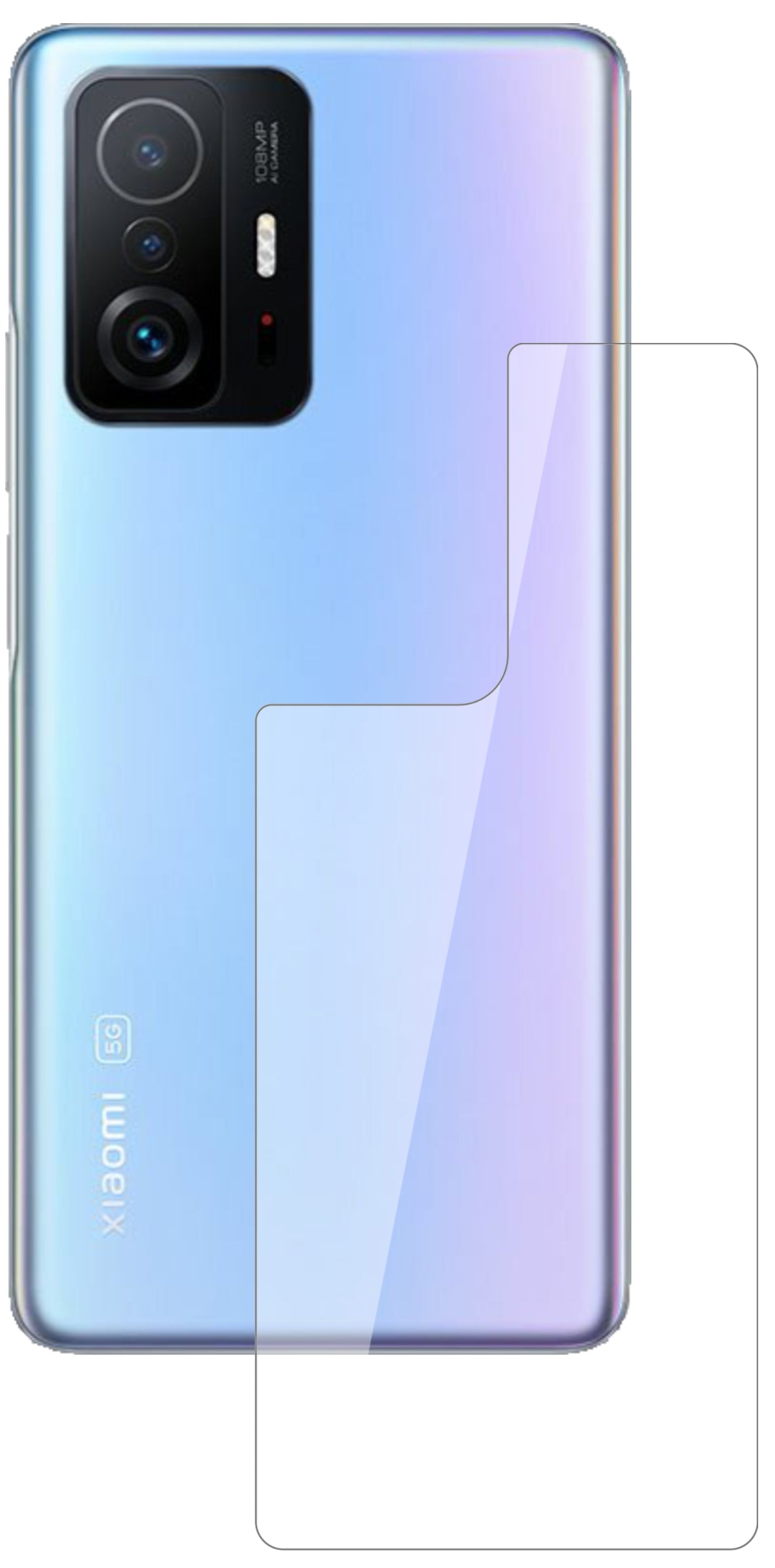 XiaomiMi 11T Rückseite mit aufgebrachter dipos Flex Schutzfolie, glasklare Darstellung ohne Einschränkungen