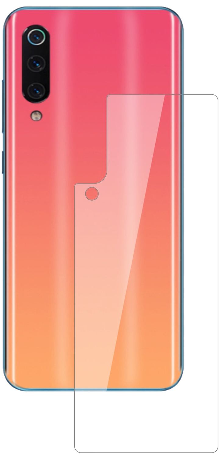 XiaomiMi 9 SE Rückseite mit aufgebrachter dipos Flex Schutzfolie, glasklare Darstellung ohne Einschränkungen