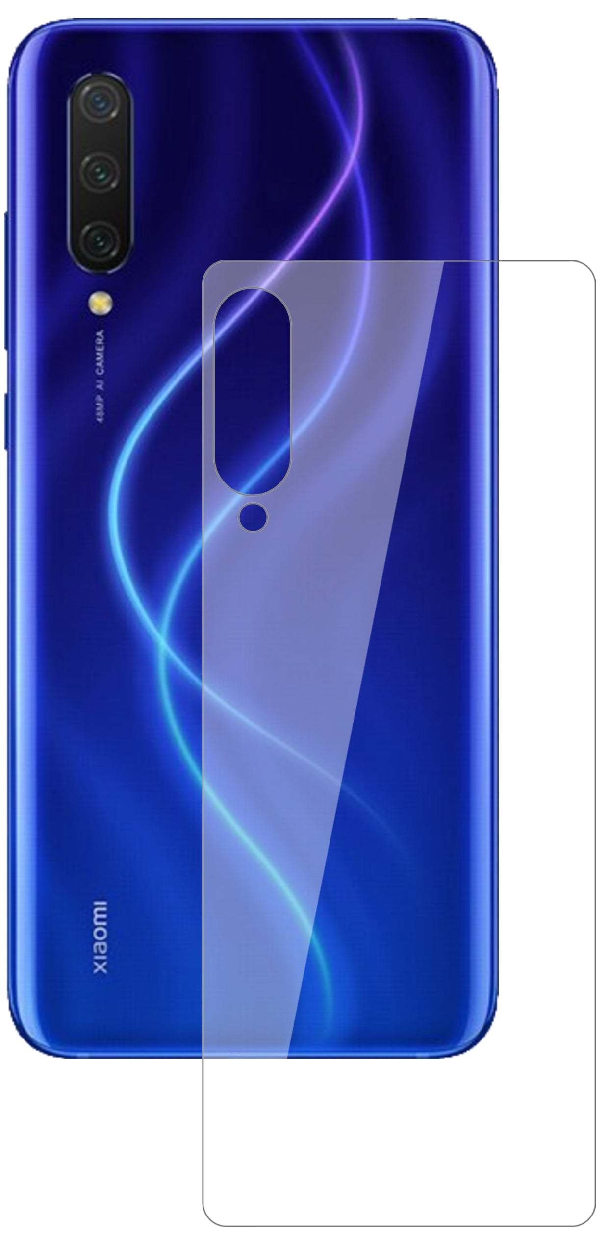 XiaomiMi 9 Lite Rückseite mit aufgebrachter dipos Flex Schutzfolie, glasklare Darstellung ohne Einschränkungen