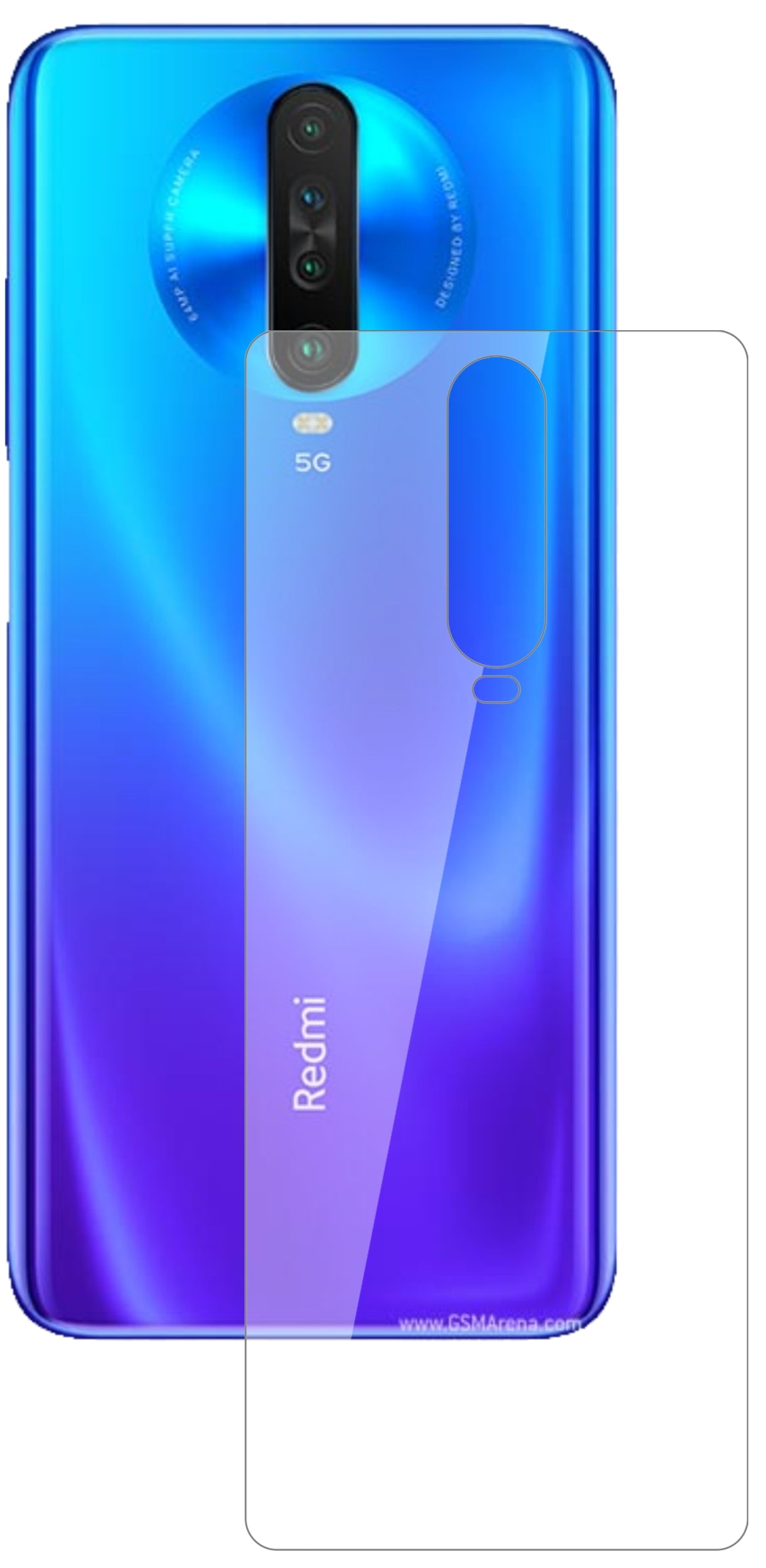 XiaomiRedmi K30i Rückseite mit aufgebrachter dipos Flex Schutzfolie, glasklare Darstellung ohne Einschränkungen