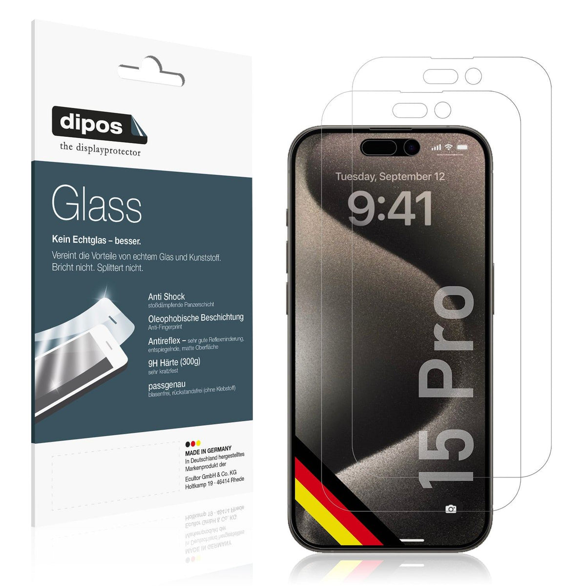 Matte Displayschutzfolie von dipos passend für Apple iPhone 15 Pro, 9H kratzfest und blasenfrei montiert