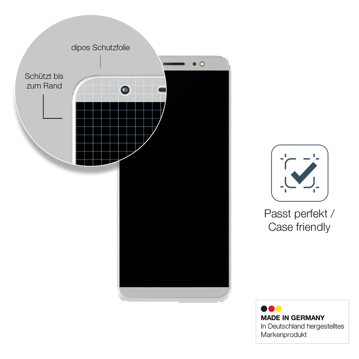 Schutzglasfolie mit optimaler Passform, zur Verwendung mit Hüllen geeignet