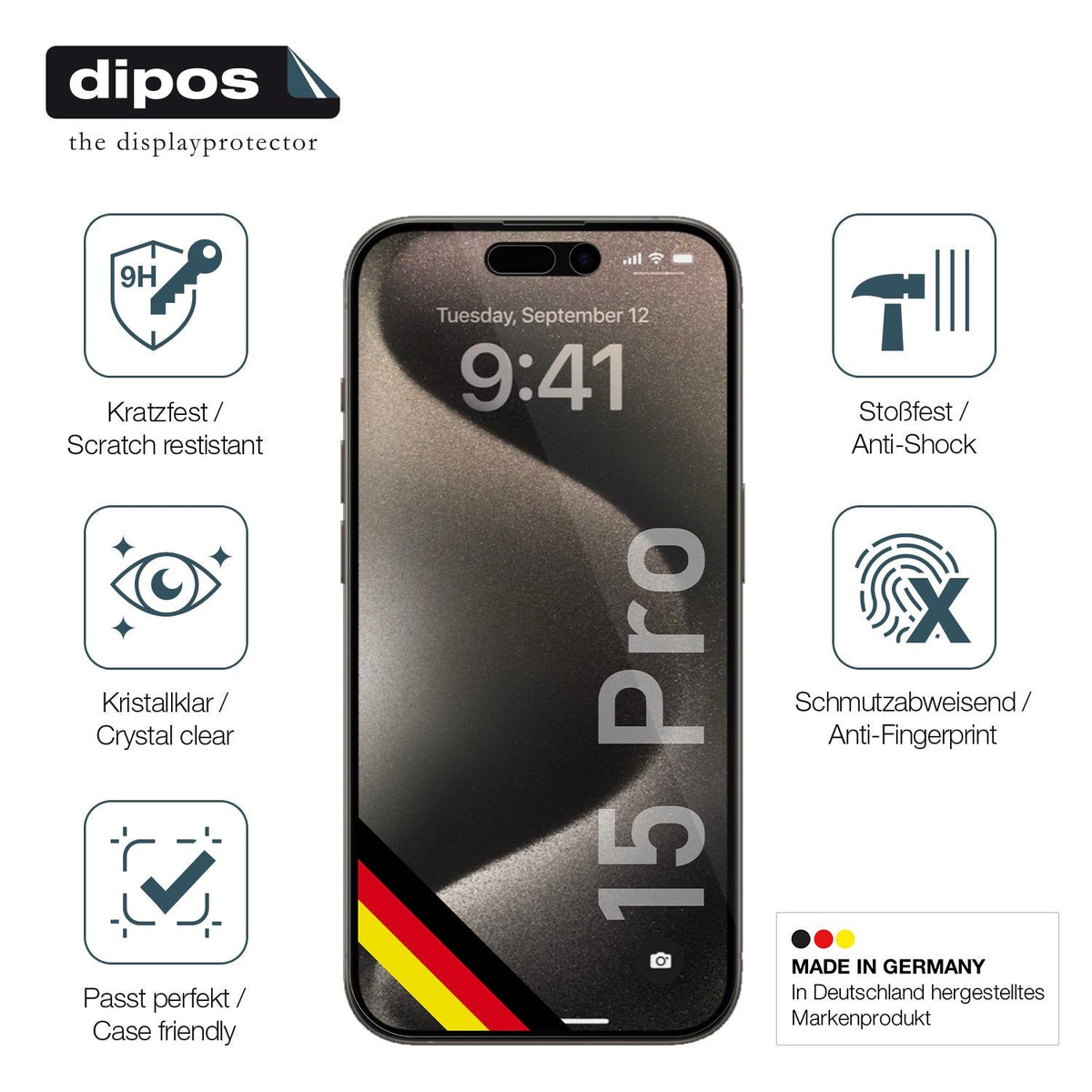 dipos 1x 9H Clear Screen Protector for Apple iPhone 15 Pro
