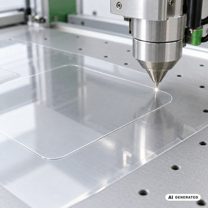 Präzisionslaser beim Zuschnitt einer Schutzfolie / Precision laser cutting a protective film – KI-generierte Darstellung / AI-generated illustration