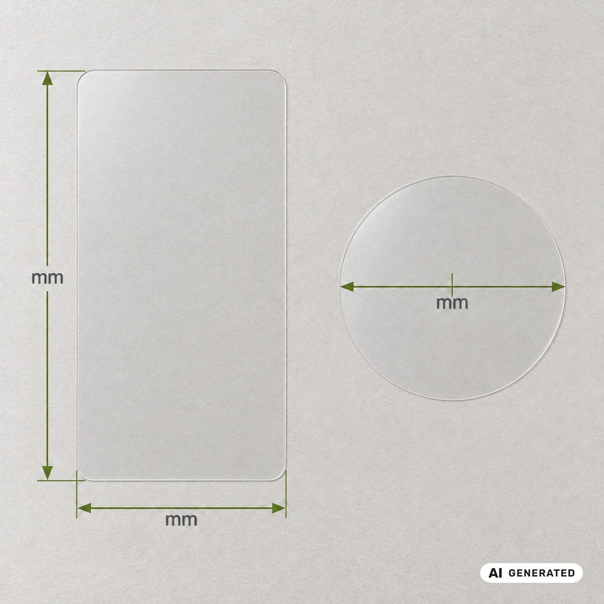 Breite, Länge und Durchmesser in Millimetern / Width, length and diameter in millimetres – KI-generierte Darstellung / AI-generated illustration
