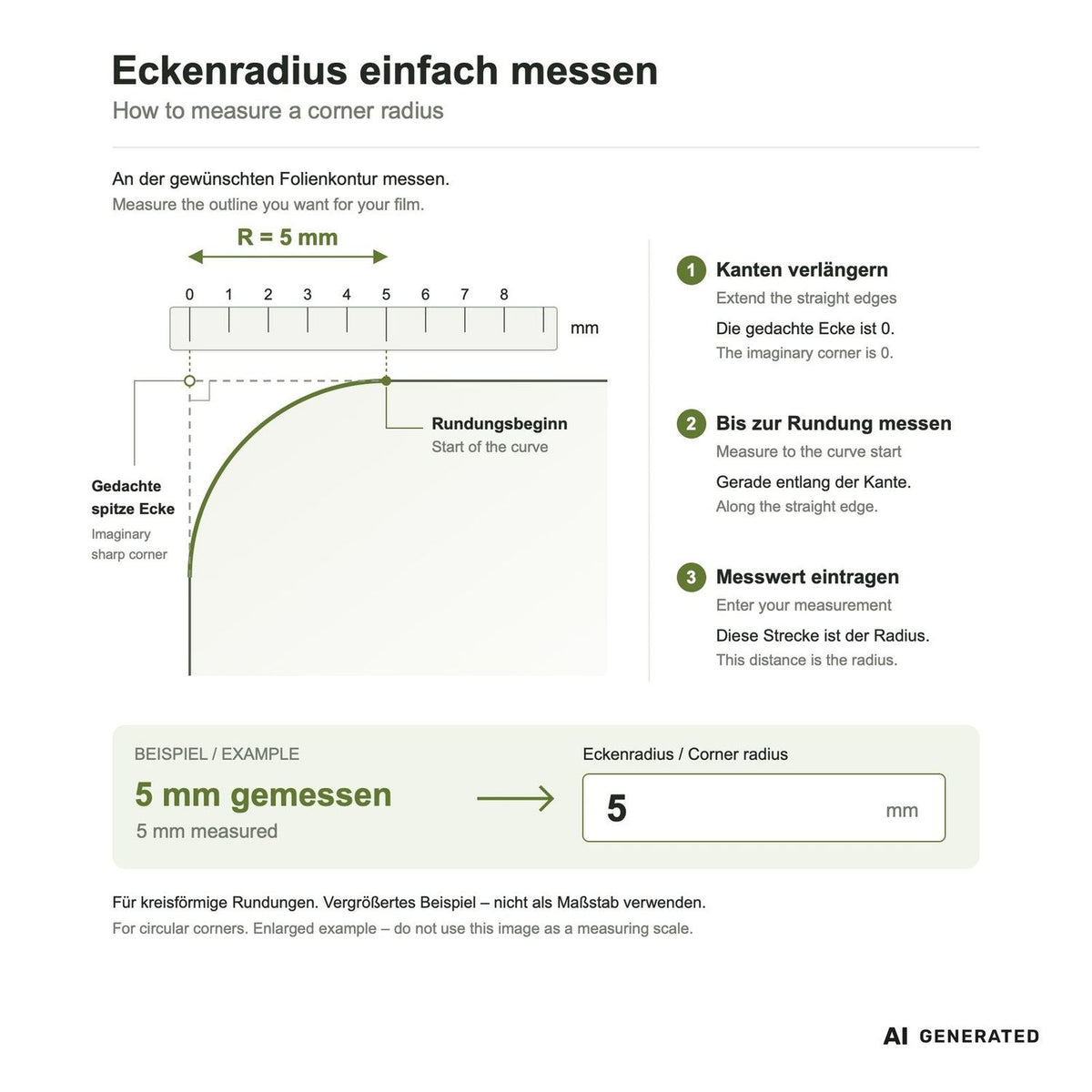 Eckenradius messen: gedachte Ecke bis Rundungsbeginn / Measure corner radius from the imaginary sharp corner to the start of the curve – KI-generierte Darstellung / AI-generated illustration
