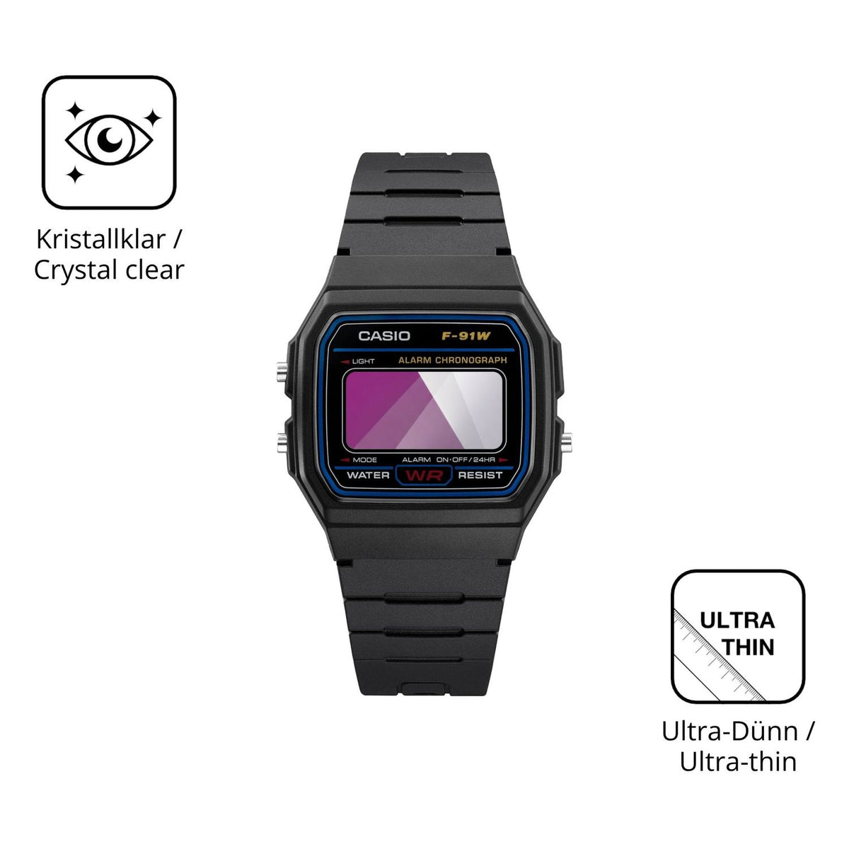 Dünne und klare Folie passend zugeschnitten für Casio F-91WF-1A