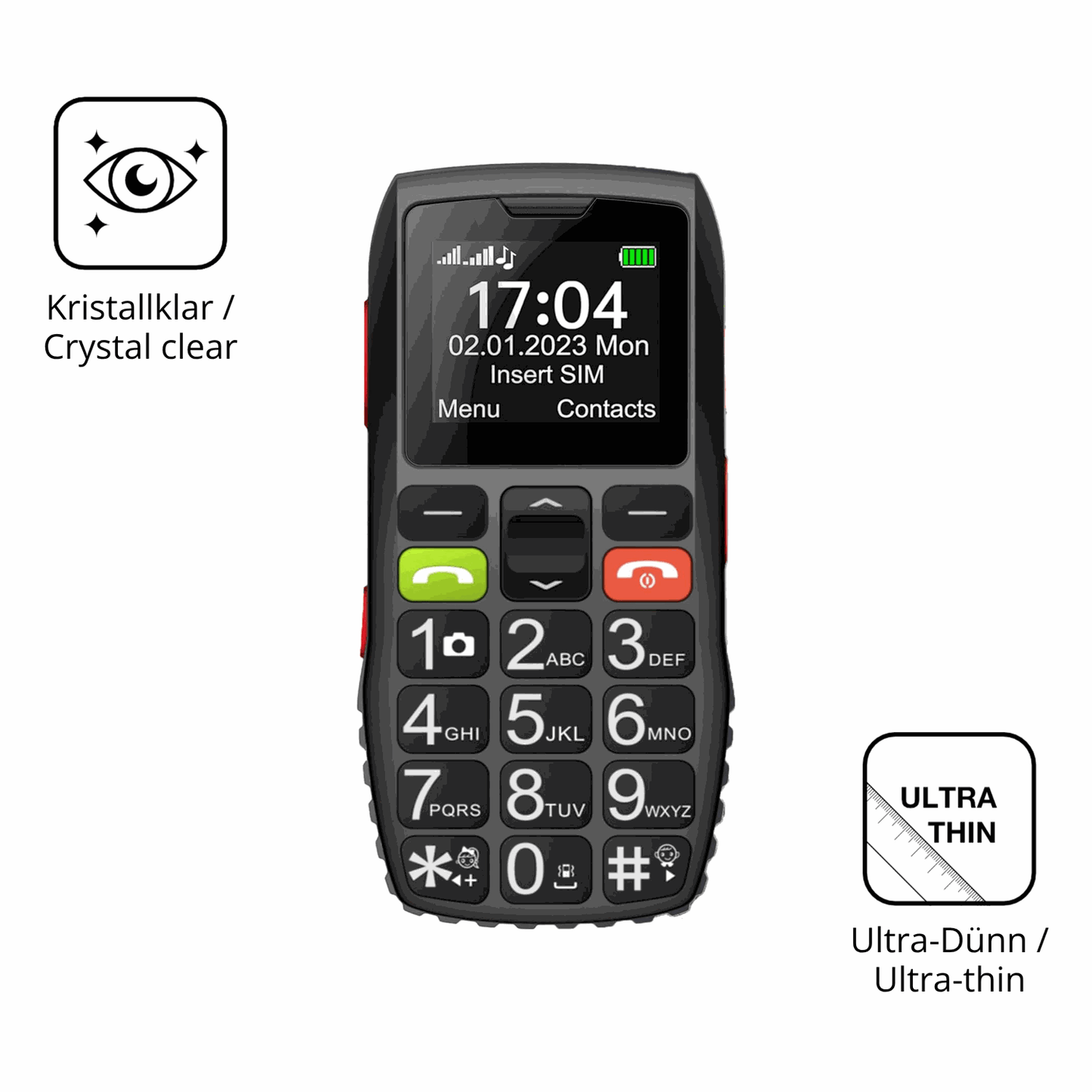 Dünne und klare Folie passend zugeschnitten für FEGA Senioren-Handy 1.77 Zoll