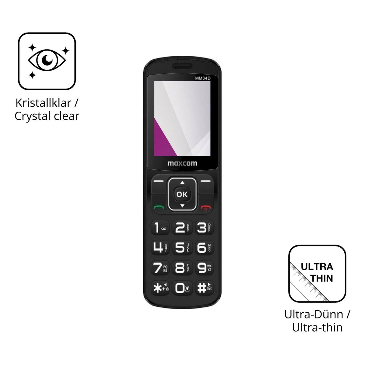 Dünne und klare Folie passend zugeschnitten für MaxCom Comfort MM34D 4G