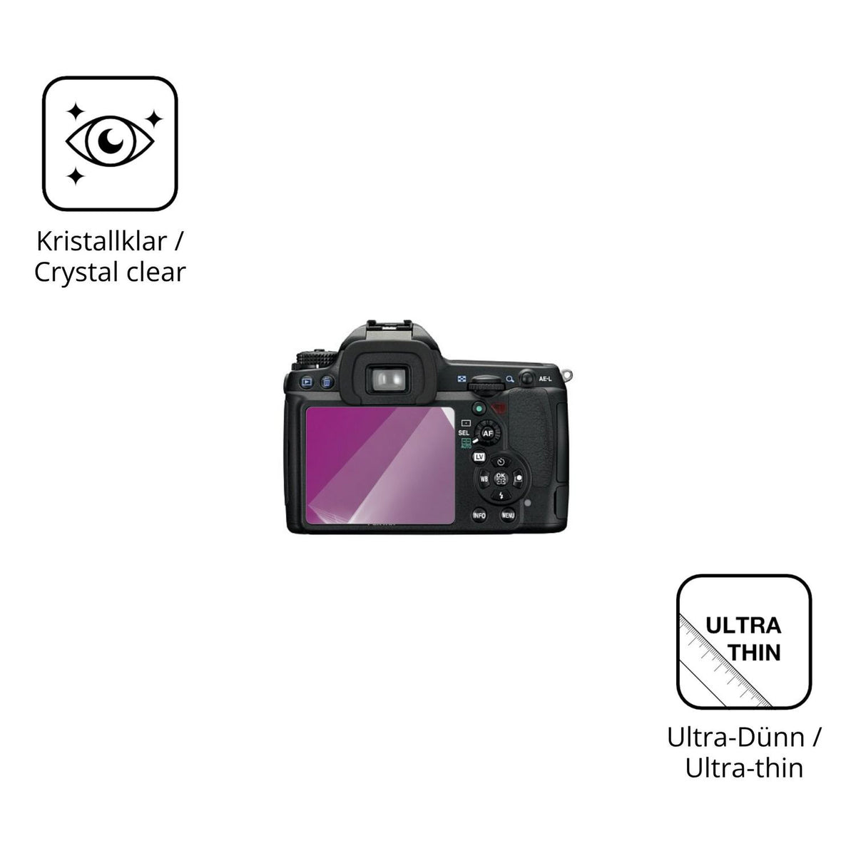 Dünne und klare Folie passend zugeschnitten für Pentax K7