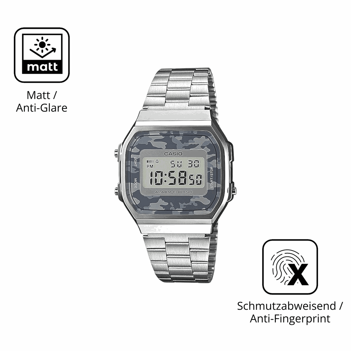 D�nne und entspiegelnde Folie passend zugeschnitten f�r Casio A168WEC-1EF