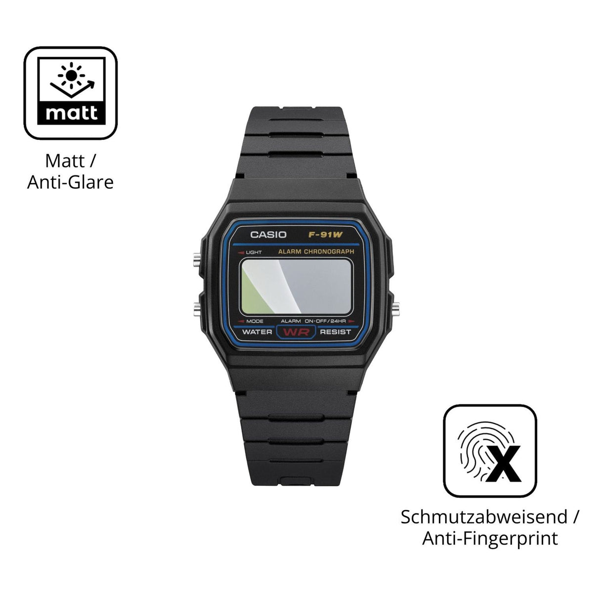 Dünne und entspiegelnde Folie passend zugeschnitten für Casio F-91WF-1A