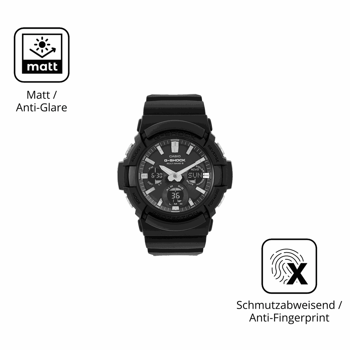 D�nne und entspiegelnde Folie passend zugeschnitten f�r Casio G-Shock GAW-100