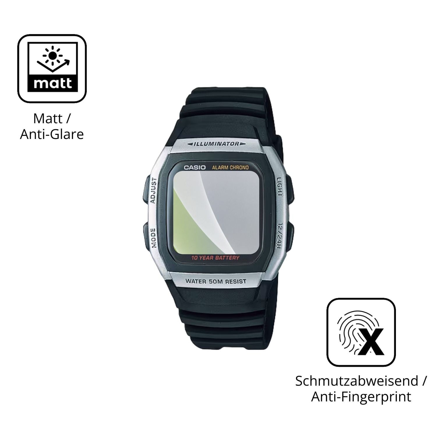 Dünne und entspiegelnde Folie passend zugeschnitten für Casio W-96H-1AV