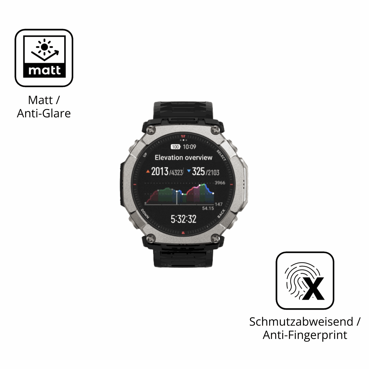 Dünne und entspiegelnde Folie passend zugeschnitten für Huami Amazfit T-Rex Ultra 2
