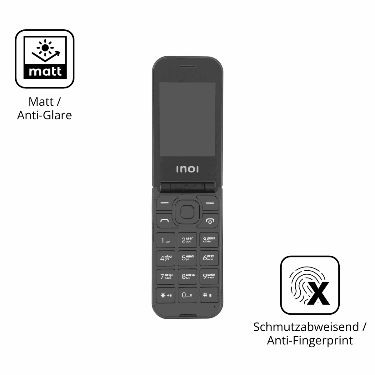 Dünne und entspiegelnde Folie passend zugeschnitten für INOI 284 Flip 4G
