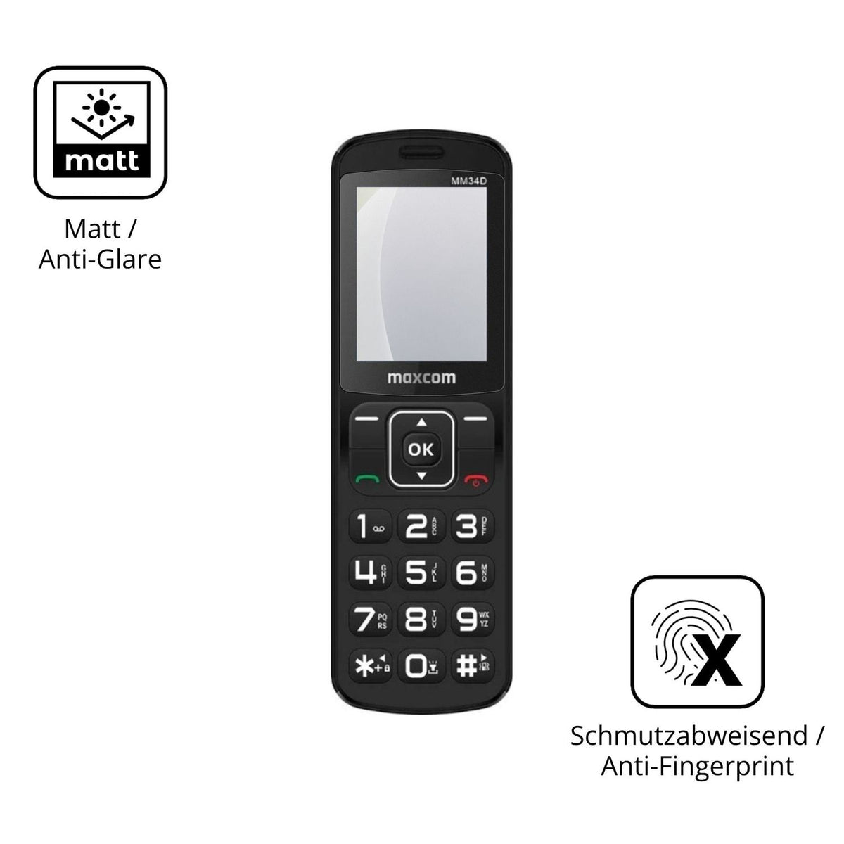 Dünne und entspiegelnde Folie passend zugeschnitten für MaxCom Comfort MM34D 4G