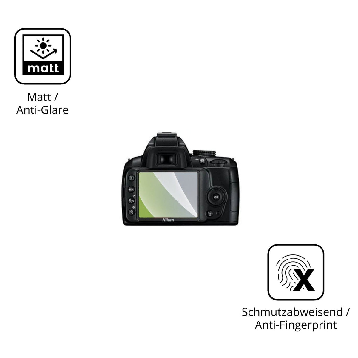 Dünne und entspiegelnde Folie passend zugeschnitten für Nikon D3000