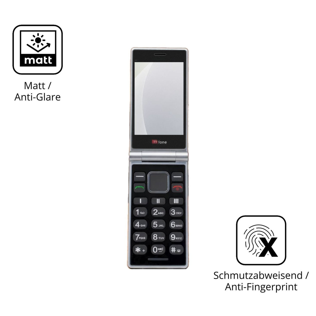 Dünne und entspiegelnde Folie passend zugeschnitten für TTfone TT990 4G