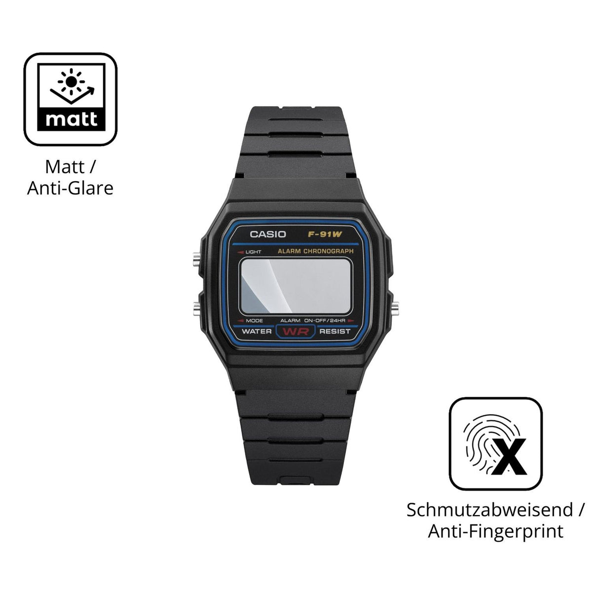 9H Hartbeschichtete, flexible Folie passend zugeschnitten für Casio F-91WF-1A
