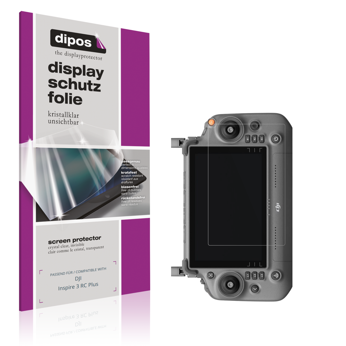 Klare Displayschutzfolie von dipos passend für DJI Inspire 3 RC Plus, präziser Zuschnitt und blasenfrei montiert