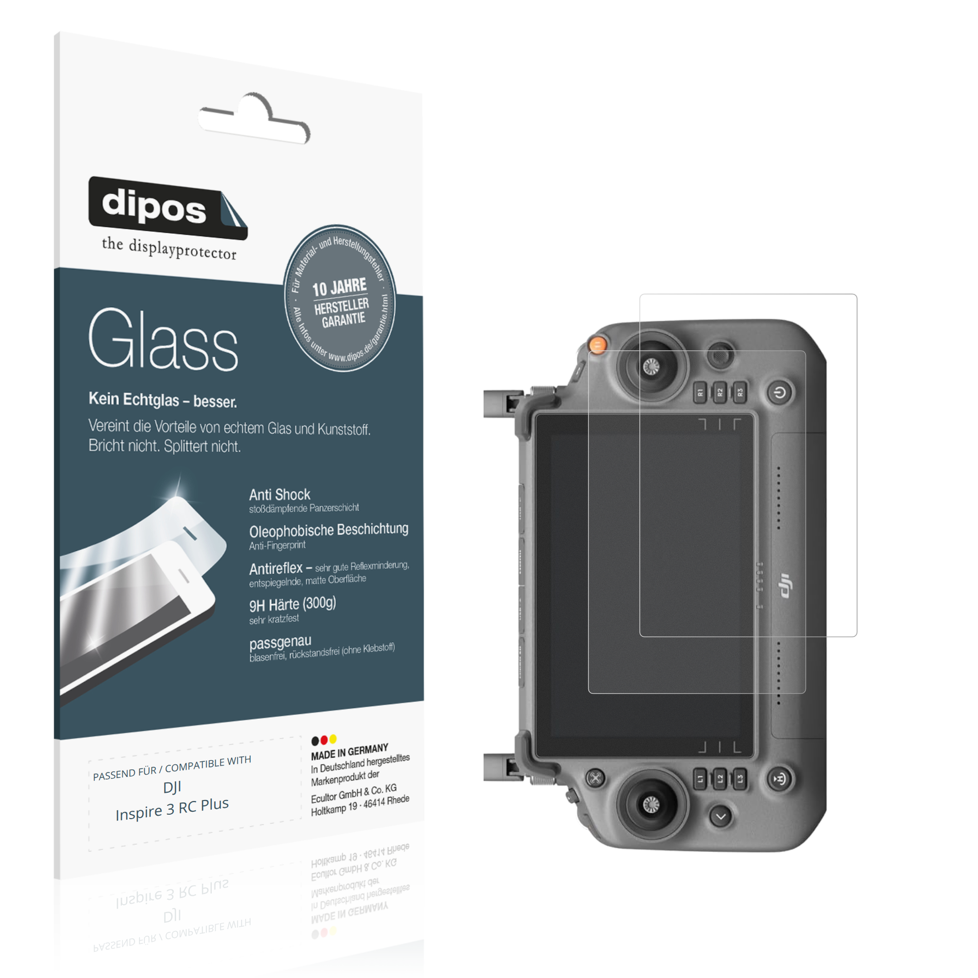Matte Displayschutzfolie von dipos passend für DJI Inspire 3 RC Plus, 9H kratzfest und blasenfrei montiert