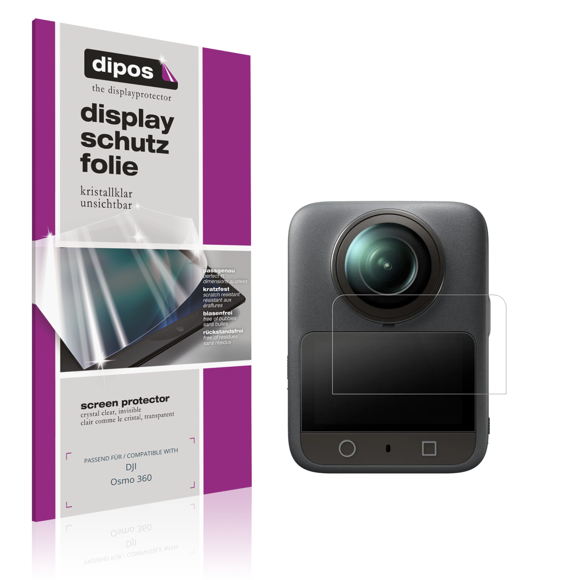 Klare Displayschutzfolie von dipos passend für DJI Osmo 360, präziser Zuschnitt und blasenfrei montiert