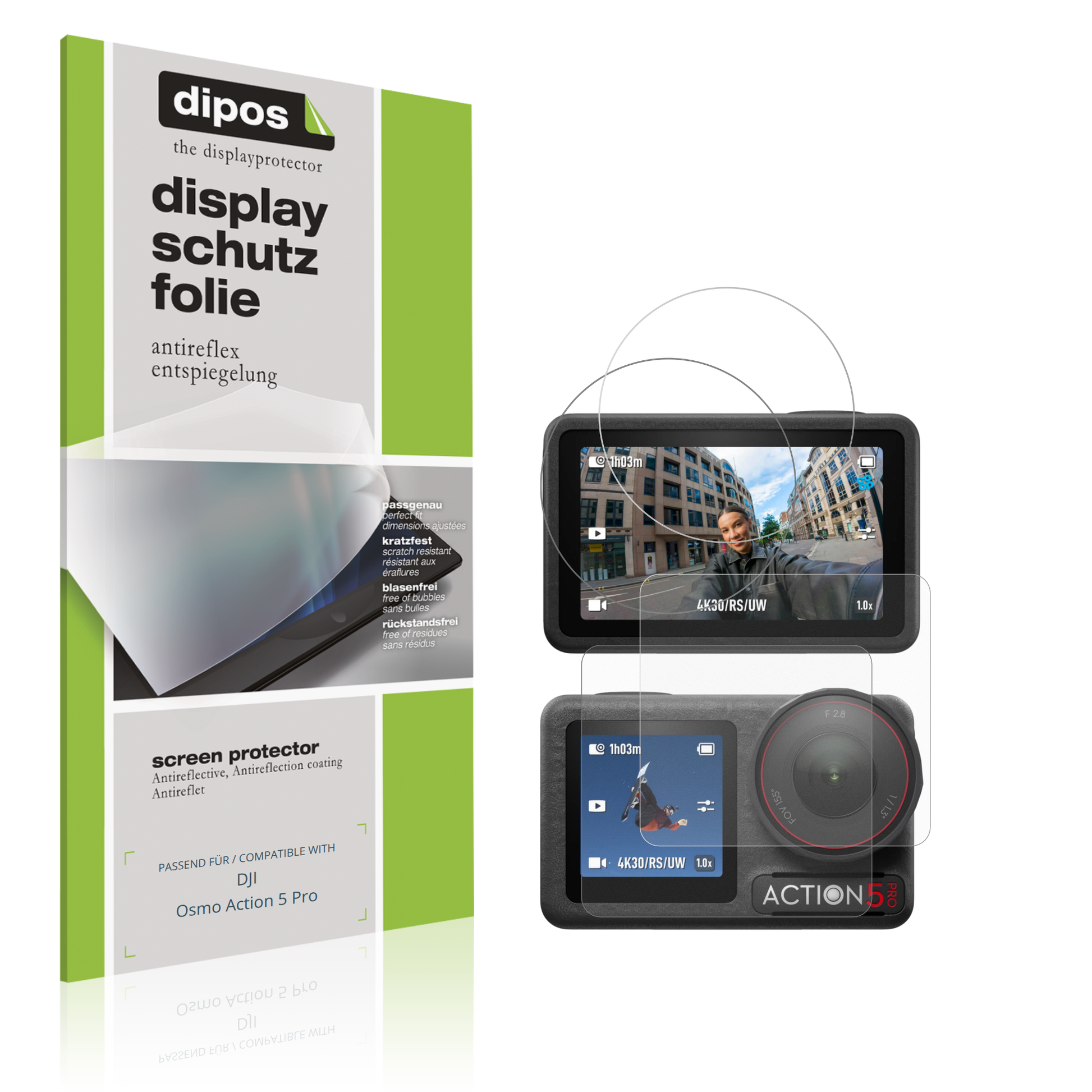 Matte Displayschutzfolie von dipos passend für DJI Osmo Action 5 Pro, präziser Zuschnitt und blasenfrei montiert
