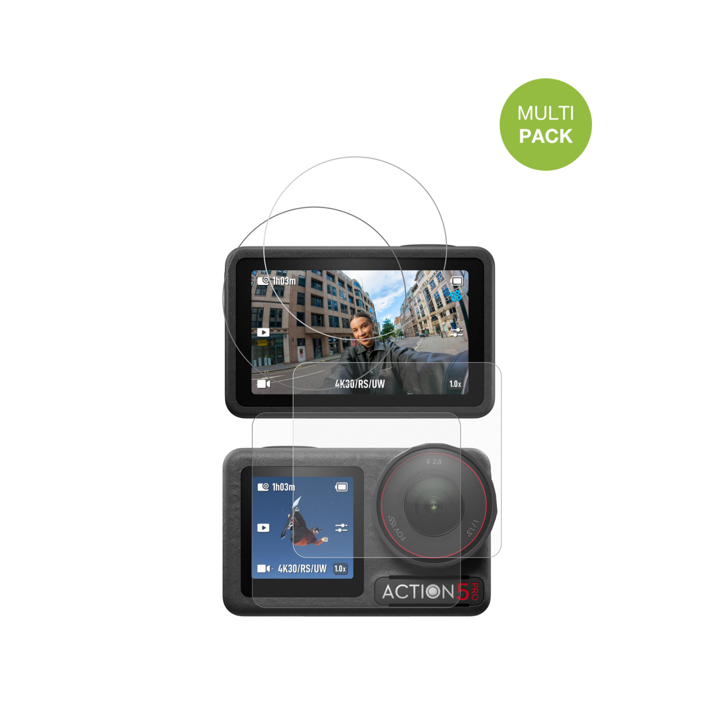 DJIOsmo Action 5 Pro mit aufgebrachter dipos Displayschutzfolie, die lästige Fingerabdrücke minimiert