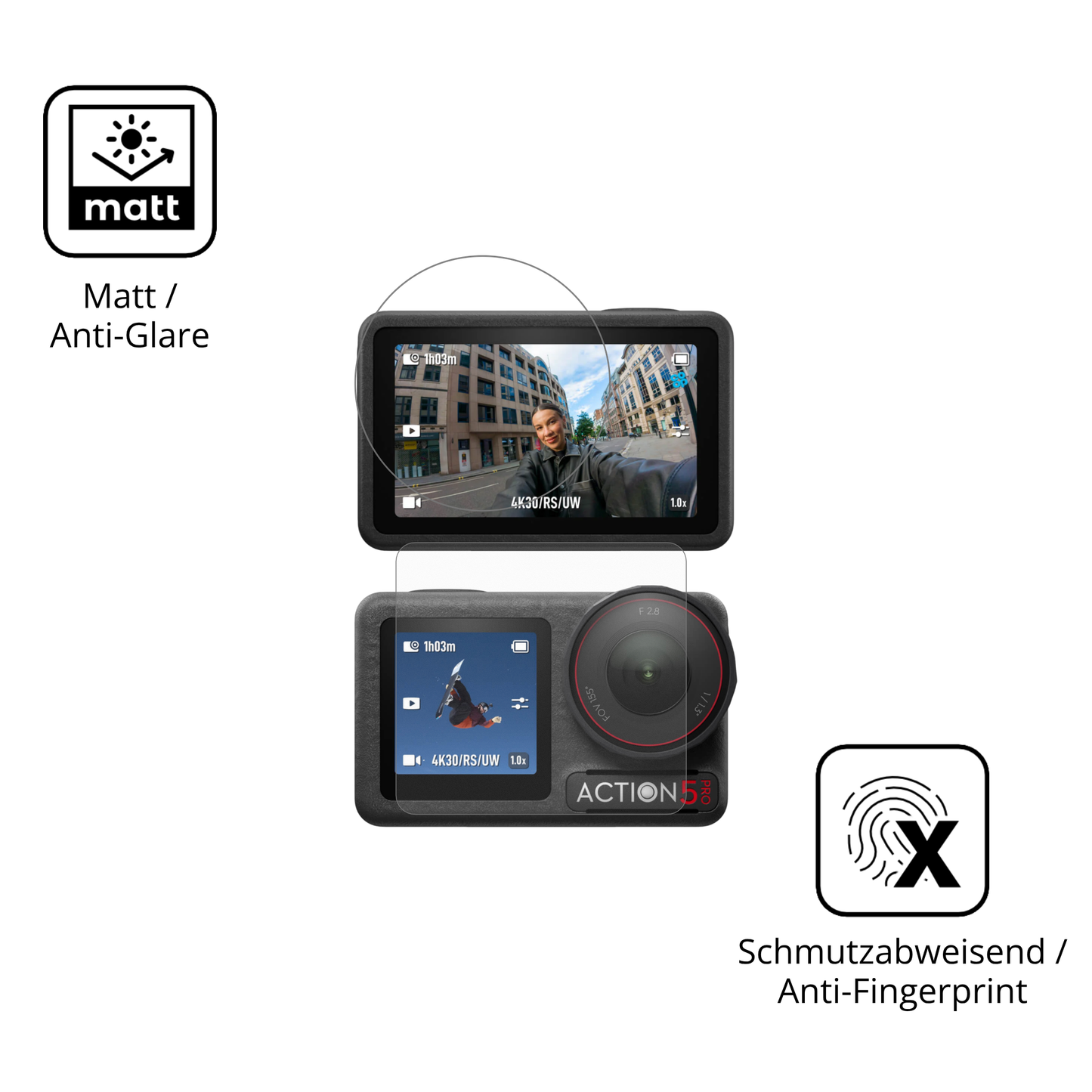 Dünne und entspiegelnde Folie passend zugeschnitten für DJI Osmo Action 5 Pro