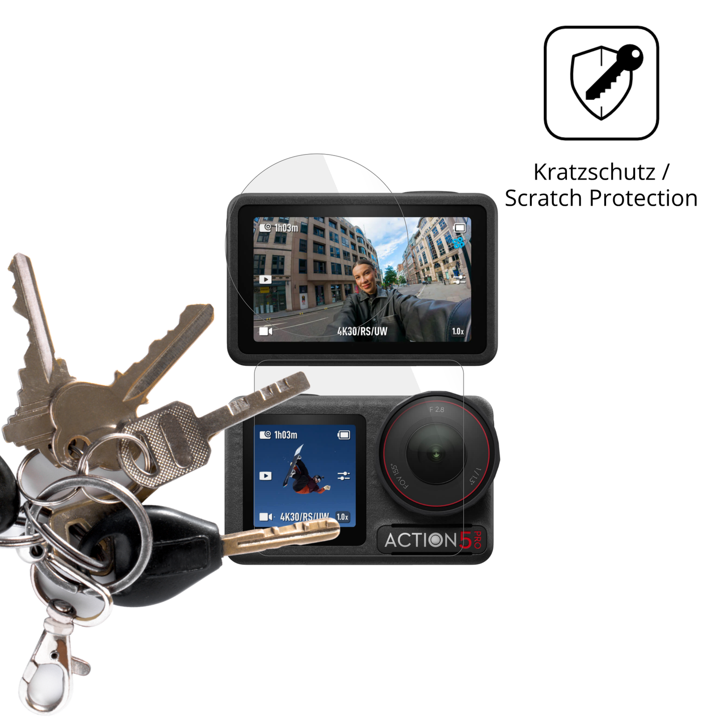 Schutz gegen Kratzer auf dem DJI Osmo Action 5 Pro Glas durch Schlüssel oder Ähnliches