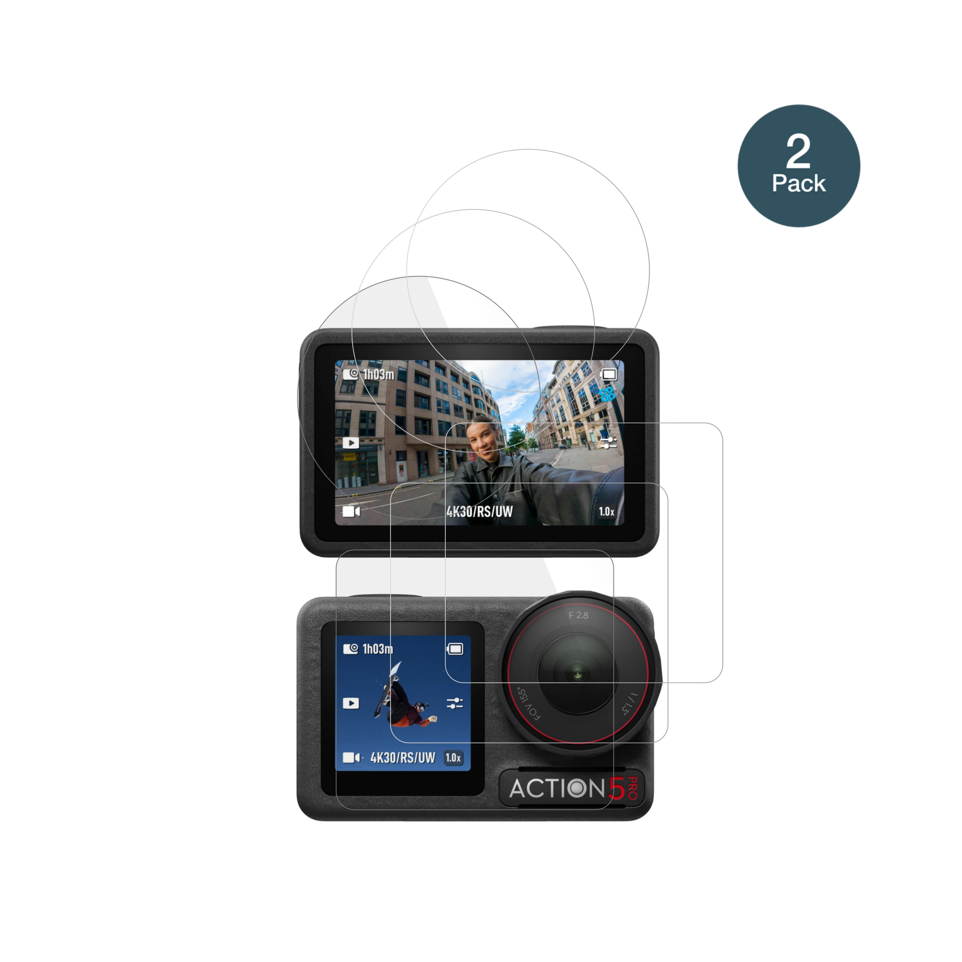 DJIOsmo Action 5 Pro mit aufgebrachter dipos Flex Schutzfolie, glasklare Darstellung ohne Einschränkungen