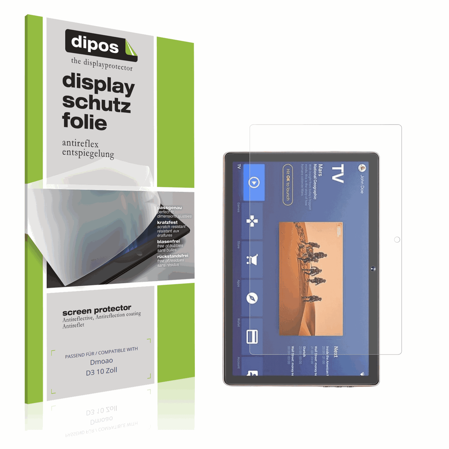 Matte Displayschutzfolie von dipos passend für Dmoao D3 10 Zoll, präziser Zuschnitt und blasenfrei montiert