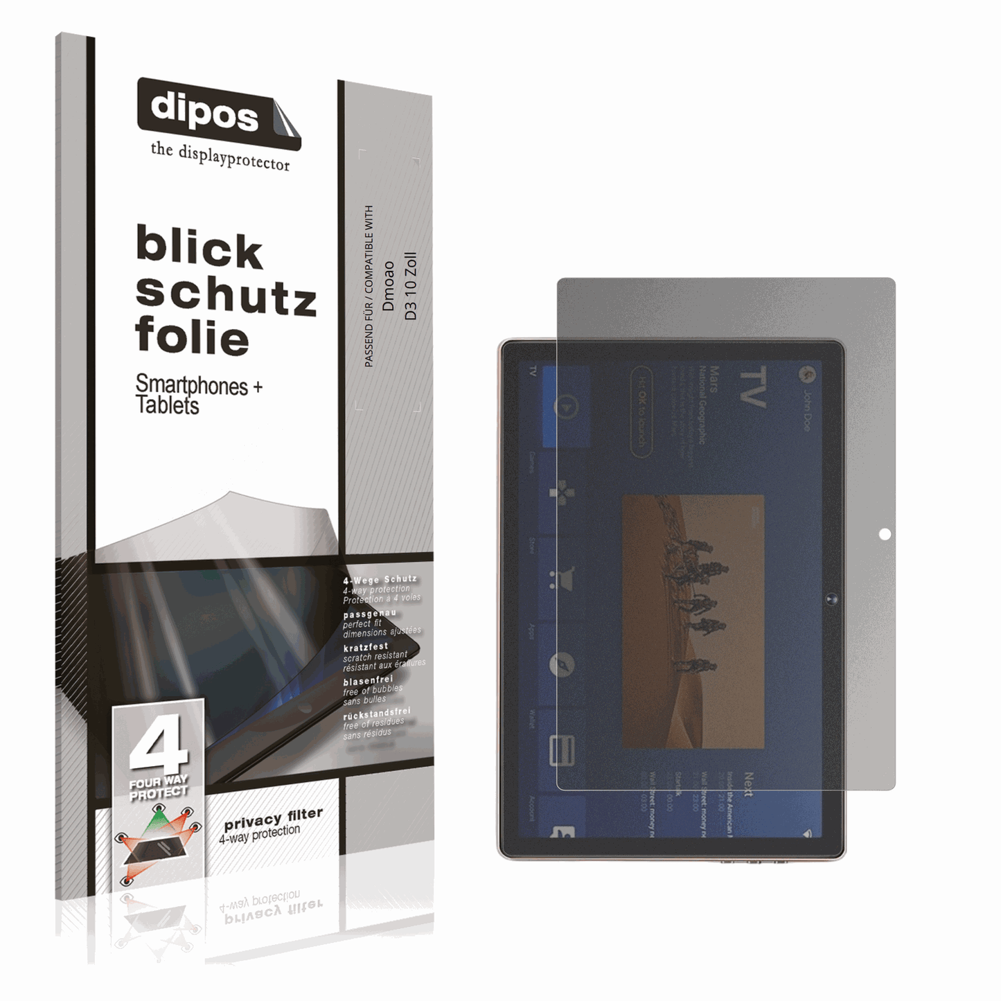 Blickschutzfolie von dipos passend für Dmoao D3 10 Zoll, präziser Zuschnitt und blasenfrei montiert