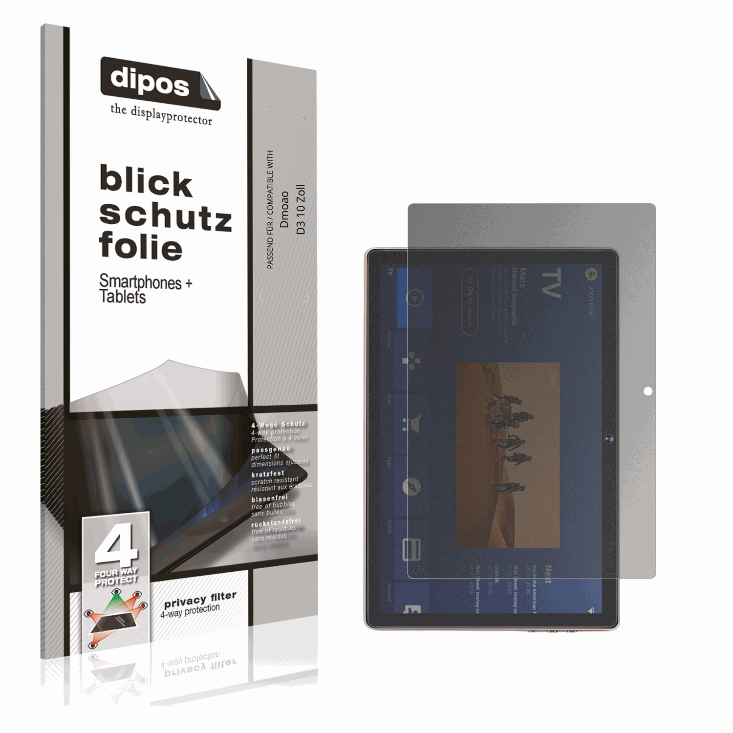 Blickschutzfolie von dipos passend für Dmoao D3 10 Zoll, präziser Zuschnitt und blasenfrei montiert