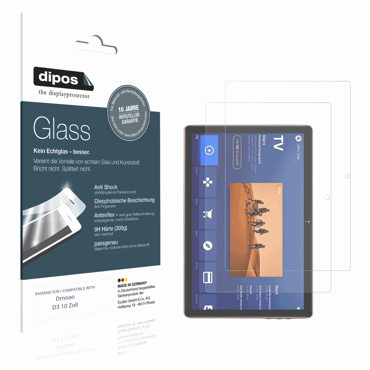 Matte Displayschutzfolie von dipos passend für Dmoao D3 10 Zoll, 9H kratzfest und blasenfrei montiert
