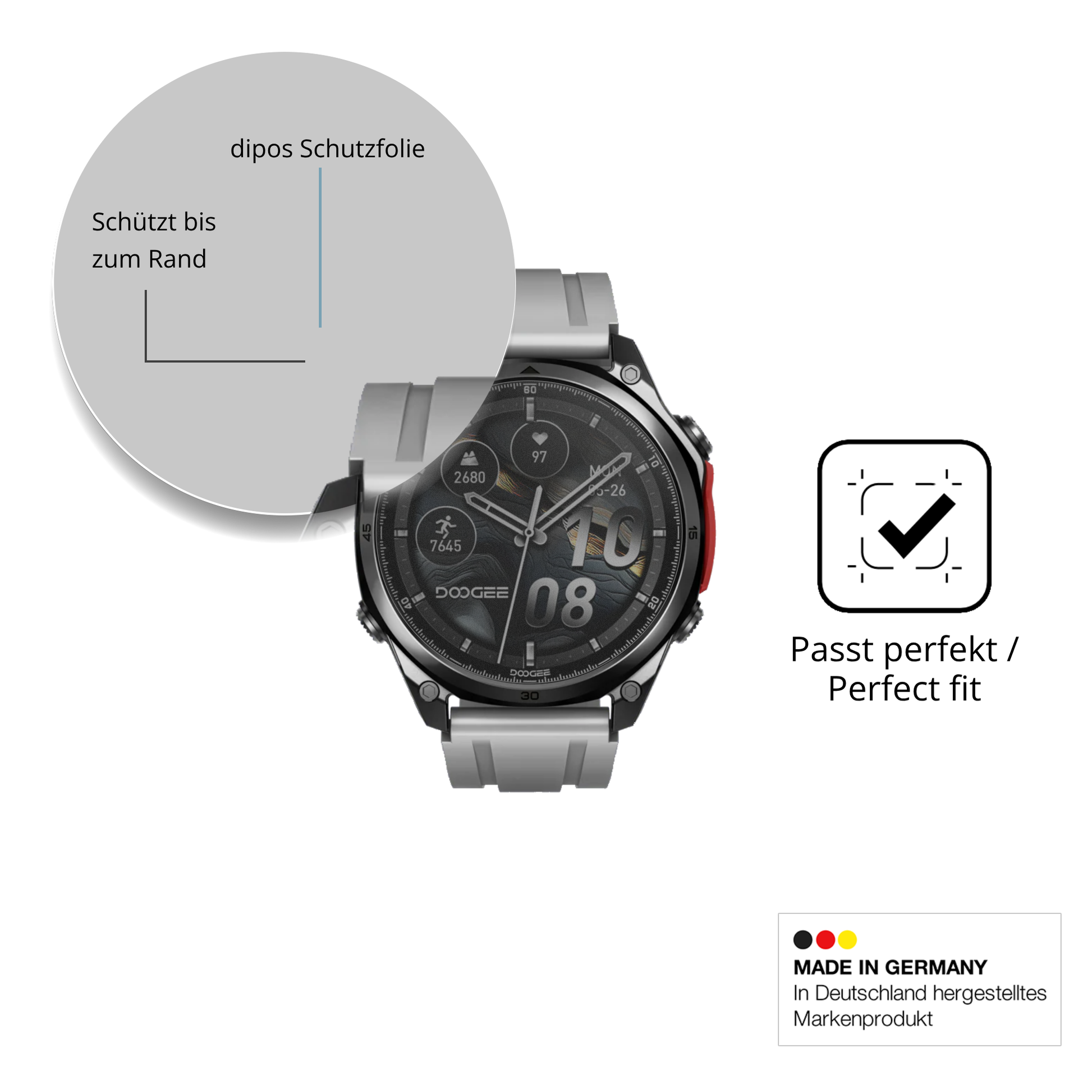 Schutz gegen Kratzer auf dem Doogee Anywise W1 Glas durch Schlüssel, Stöße gegen die Tischkante oder Stürze