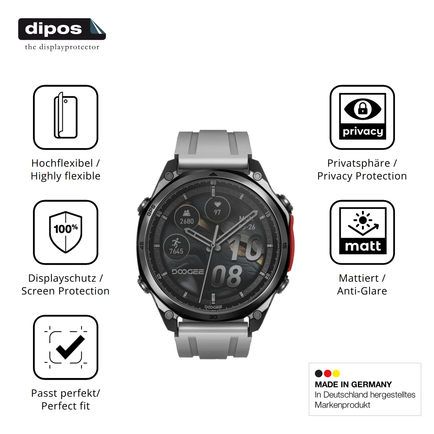 Flexible TPU-Folie passend zugeschnitten für Doogee Anywise W1 Pro, mit Privatsphäre-Schutz durch Sichtschutz-Folie