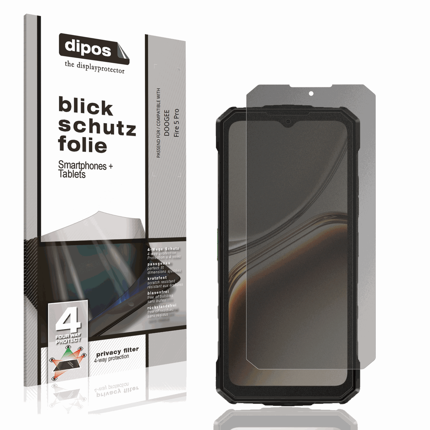 Blickschutzfolie von dipos passend für DOOGEE Fire 5 Pro, präziser Zuschnitt und blasenfrei montiert