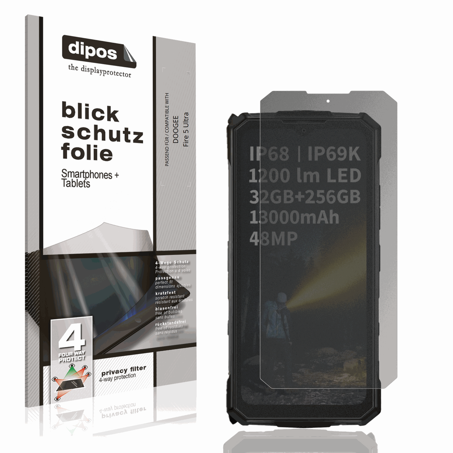 Blickschutzfolie von dipos passend für DOOGEE Fire 5 Ultra, präziser Zuschnitt und blasenfrei montiert