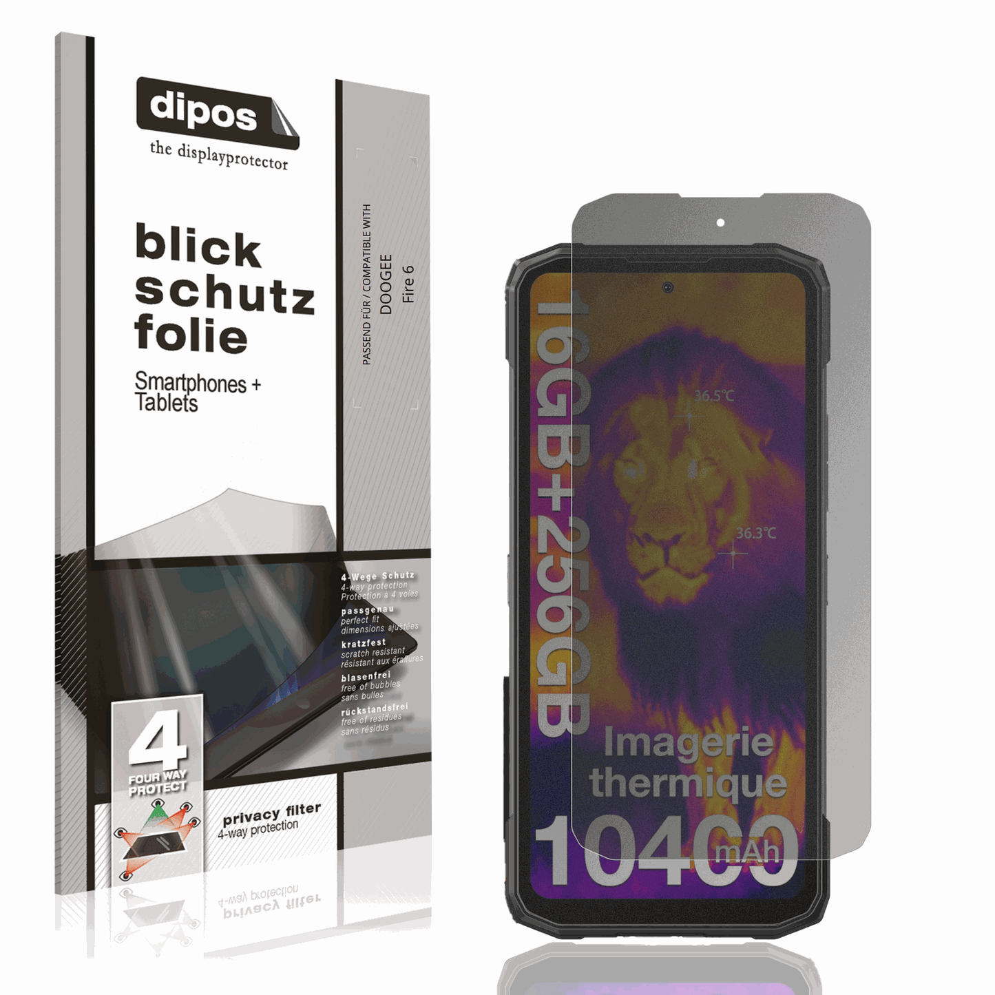 Blickschutzfolie von dipos passend für DOOGEE Fire 6, präziser Zuschnitt und blasenfrei montiert