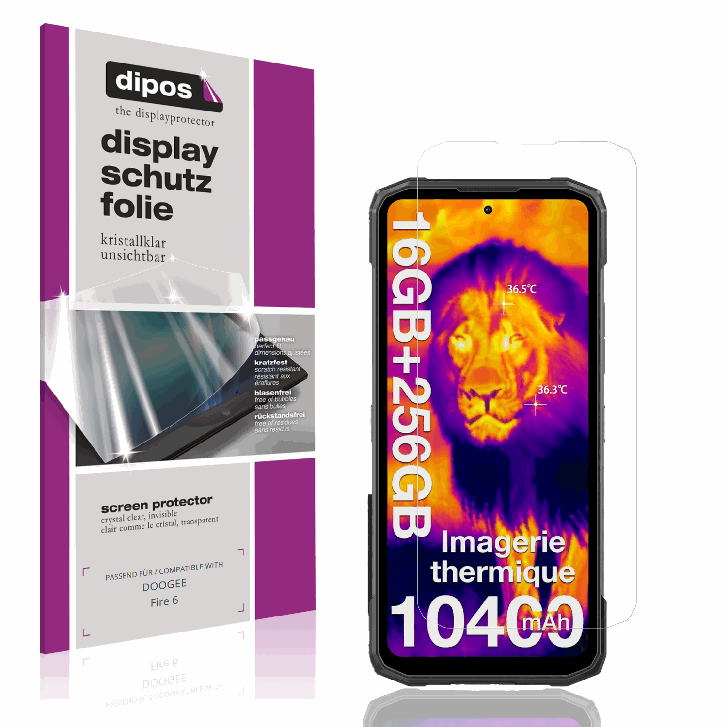 Klare Displayschutzfolie von dipos passend für DOOGEE Fire 6, präziser Zuschnitt und blasenfrei montiert
